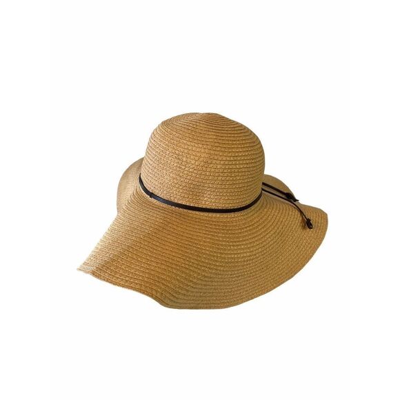 Womens Large Tan Floppy Folding Wide 5” Brim Straw Sun Beach Hat Rue 21 Etc! OS - Picture 3 of 8